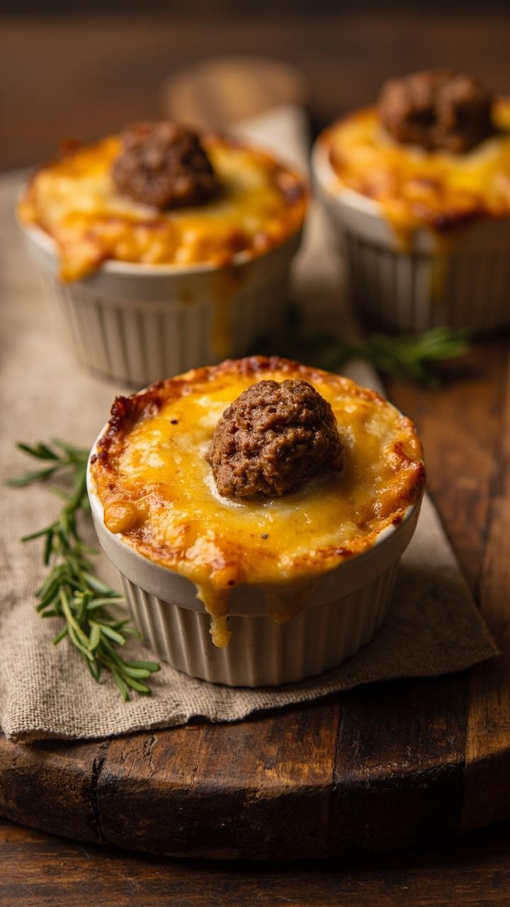 A wooden board with three small ramekins each showing a baked cheesy top a tiny meatball peeking out of the center of each cup a napkin under the board and a small herb garnish