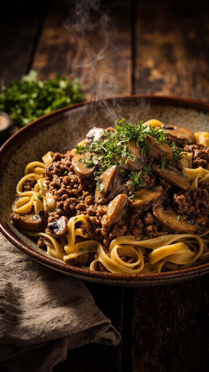 wide shallow bowl with egg noodles coated in a glossy mushroom cream sauce, chunks of browned ground beef, sautéed sliced cremini mushrooms on top, a sprinkle of chopped parsley, rustic wooden table and a linen napkin wide shallow bowl with egg noodles coated in a glossy mushroom cream sauce, chunks of browned ground beef, sautéed sliced cremini mushrooms on top, a sprinkle of chopped parsley, rustic wooden table and a linen napkin