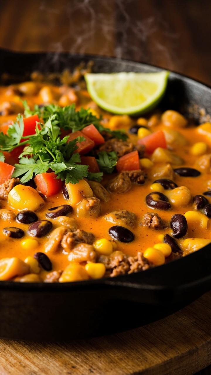 shallow cast iron skillet filled with short pasta and seasoned ground beef in a melted orange cheddar sauce, scattered black beans and corn, diced tomatoes and cilantro sprinkled on top, lime wedge on the rim of the skillet, wooden board underneath shallow cast iron skillet filled with short pasta and seasoned ground beef in a melted orange cheddar sauce, scattered black beans and corn, diced tomatoes and cilantro sprinkled on top, lime wedge on the rim of the skillet, wooden board underneath