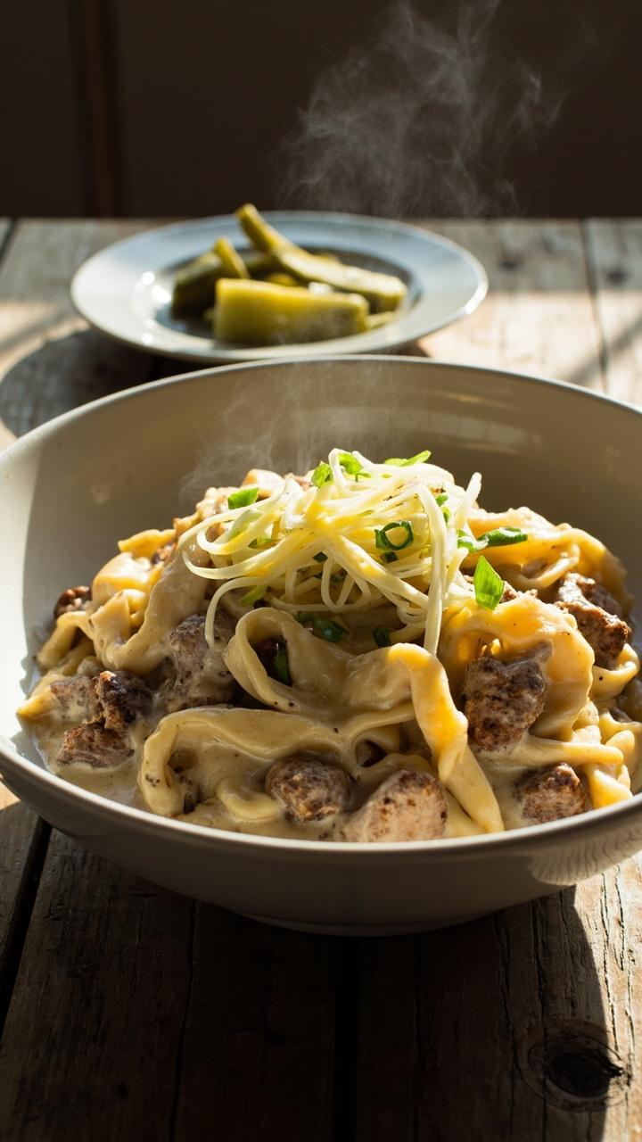 large white shallow bowl of creamy pasta with visible crumbles of browned beef, glossy melted pale yellow cheese ribbons, thinly sliced green onion sprinkled on top, a small dish of pickles on the side, farmhouse table large white shallow bowl of creamy pasta with visible crumbles of browned beef, glossy melted pale yellow cheese ribbons, thinly sliced green onion sprinkled on top, a small dish of pickles on the side, farmhouse table