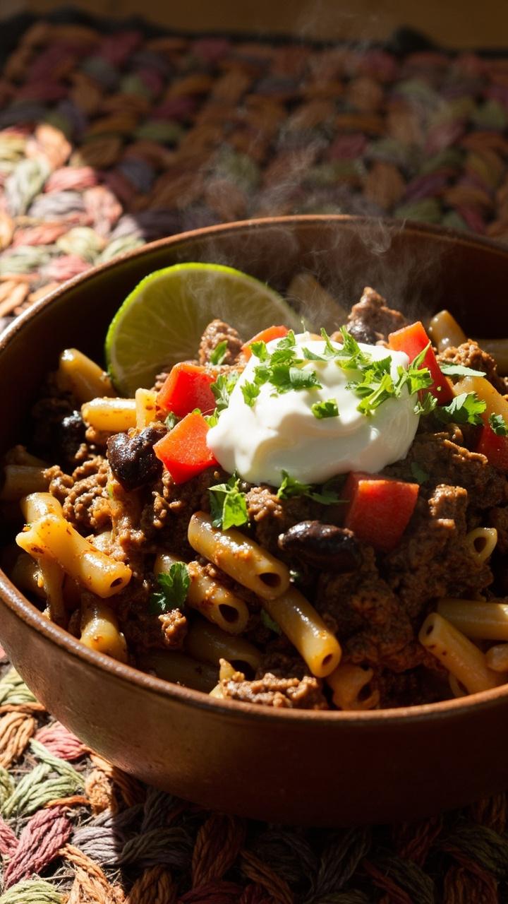 deep bowl of short tubular pasta mixed with seasoned beef and black beans, bright spots of diced red bell pepper and chopped cilantro, lime wedge and a dollop of sour cream on the side, colorful woven placemat deep bowl of short tubular pasta mixed with seasoned beef and black beans, bright spots of diced red bell pepper and chopped cilantro, lime wedge and a dollop of sour cream on the side, colorful woven placemat