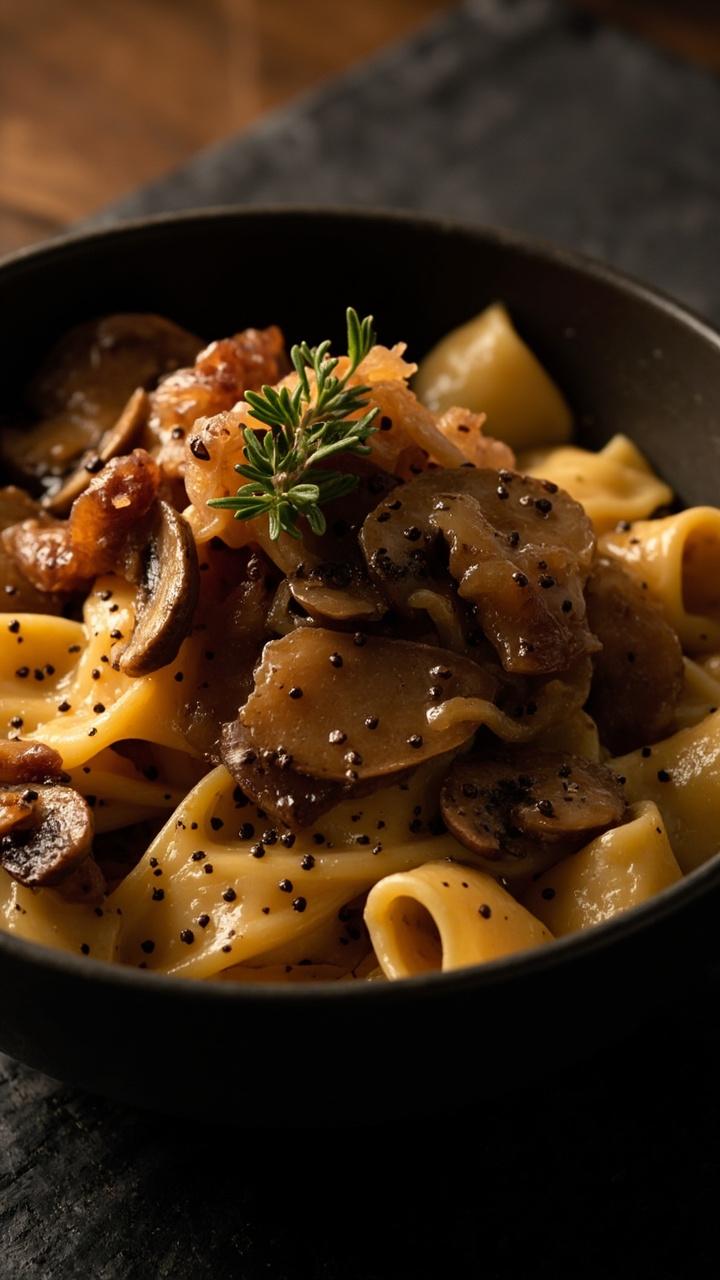 rounded pasta tossed in a glossy tan Swiss cheese sauce, thinly sliced sautéed mushrooms and caramelized onions on top, flaky black pepper visible, small sprig of thyme for garnish, slate placemat rounded pasta tossed in a glossy tan Swiss cheese sauce, thinly sliced sautéed mushrooms and caramelized onions on top, flaky black pepper visible, small sprig of thyme for garnish, slate placemat