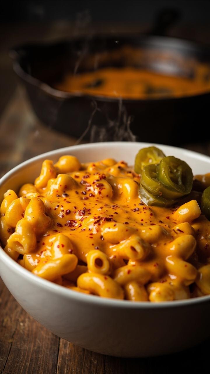 deep white bowl filled with gooey macaroni coated in orange smoky cheese sauce, flecks of red chipotle visible, a small pile of pickled jalapeños to the side, cast iron skillet in the background deep white bowl filled with gooey macaroni coated in orange smoky cheese sauce, flecks of red chipotle visible, a small pile of pickled jalapeños to the side, cast iron skillet in the background