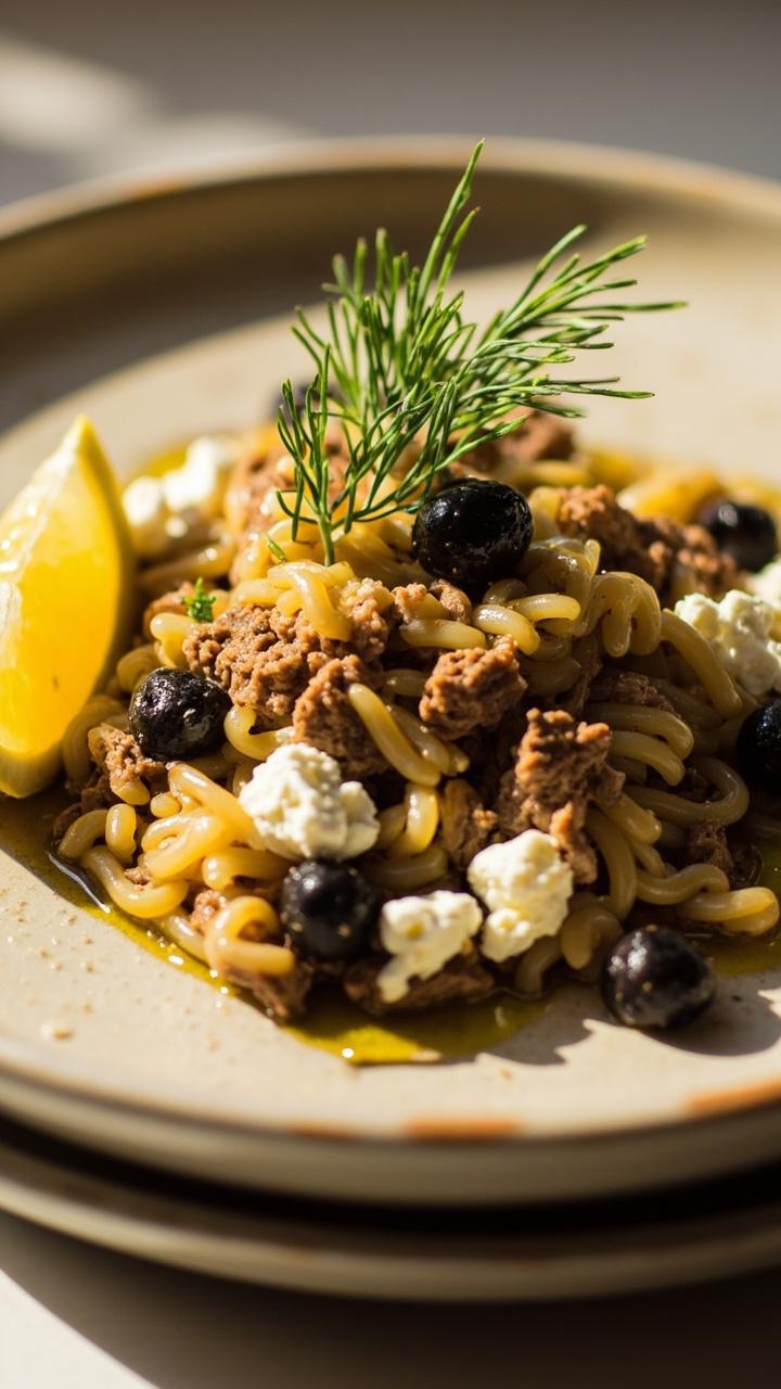 shallow bowl of golden orzo mixed with crumbled beef, scattered black olive slices, crumbled white feta, lemon wedge on the side, small sprig of fresh dill on top, pale ceramic plate shallow bowl of golden orzo mixed with crumbled beef, scattered black olive slices, crumbled white feta, lemon wedge on the side, small sprig of fresh dill on top, pale ceramic plate