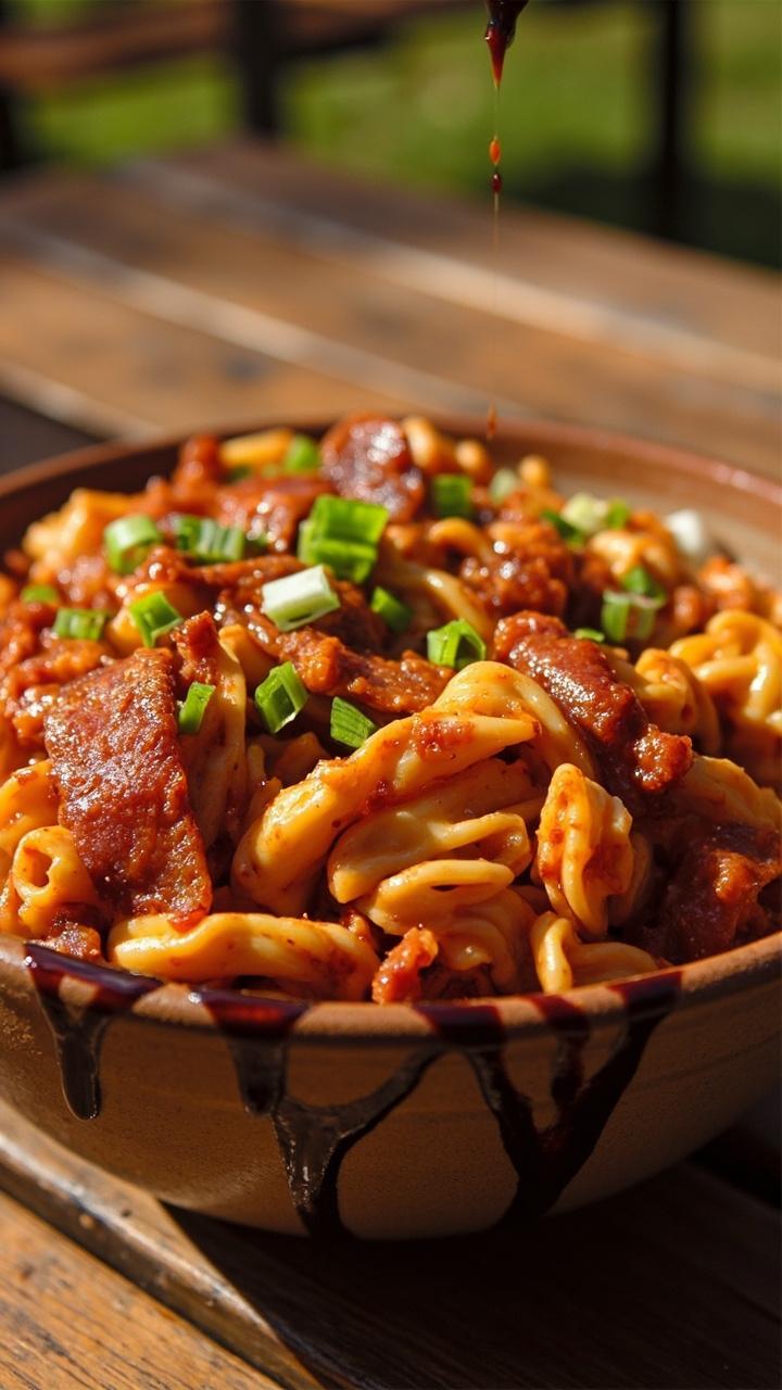 deep ceramic bowl of curly pasta in a reddish BBQ cheese sauce, visible bits of crisp bacon and green onion, extra BBQ sauce drizzled on the rim of the bowl, picnic table surface deep ceramic bowl of curly pasta in a reddish BBQ cheese sauce, visible bits of crisp bacon and green onion, extra BBQ sauce drizzled on the rim of the bowl, picnic table surface