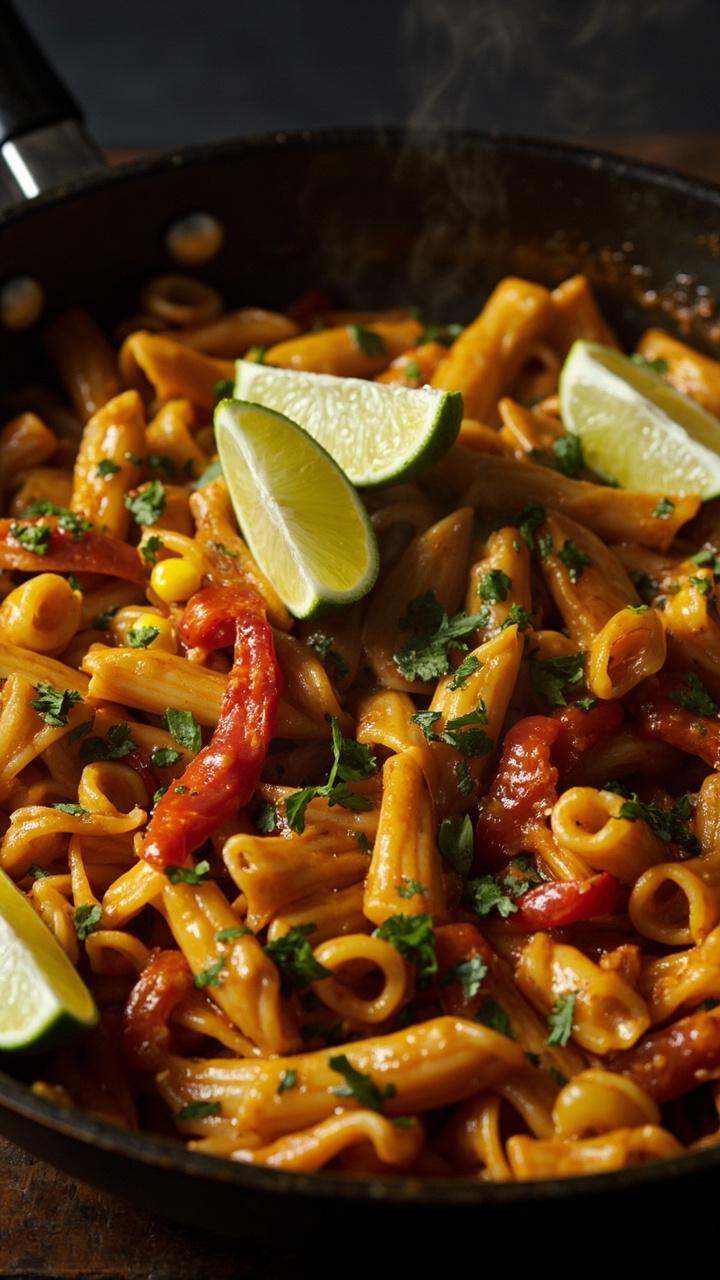 wide skillet with short pasta in a glossy savory sauce, visible kernels of yellow corn and red pepper chunks, chopped cilantro sprinkled on top, lime wedges at the edge of the skillet wide skillet with short pasta in a glossy savory sauce, visible kernels of yellow corn and red pepper chunks, chopped cilantro sprinkled on top, lime wedges at the edge of the skillet
