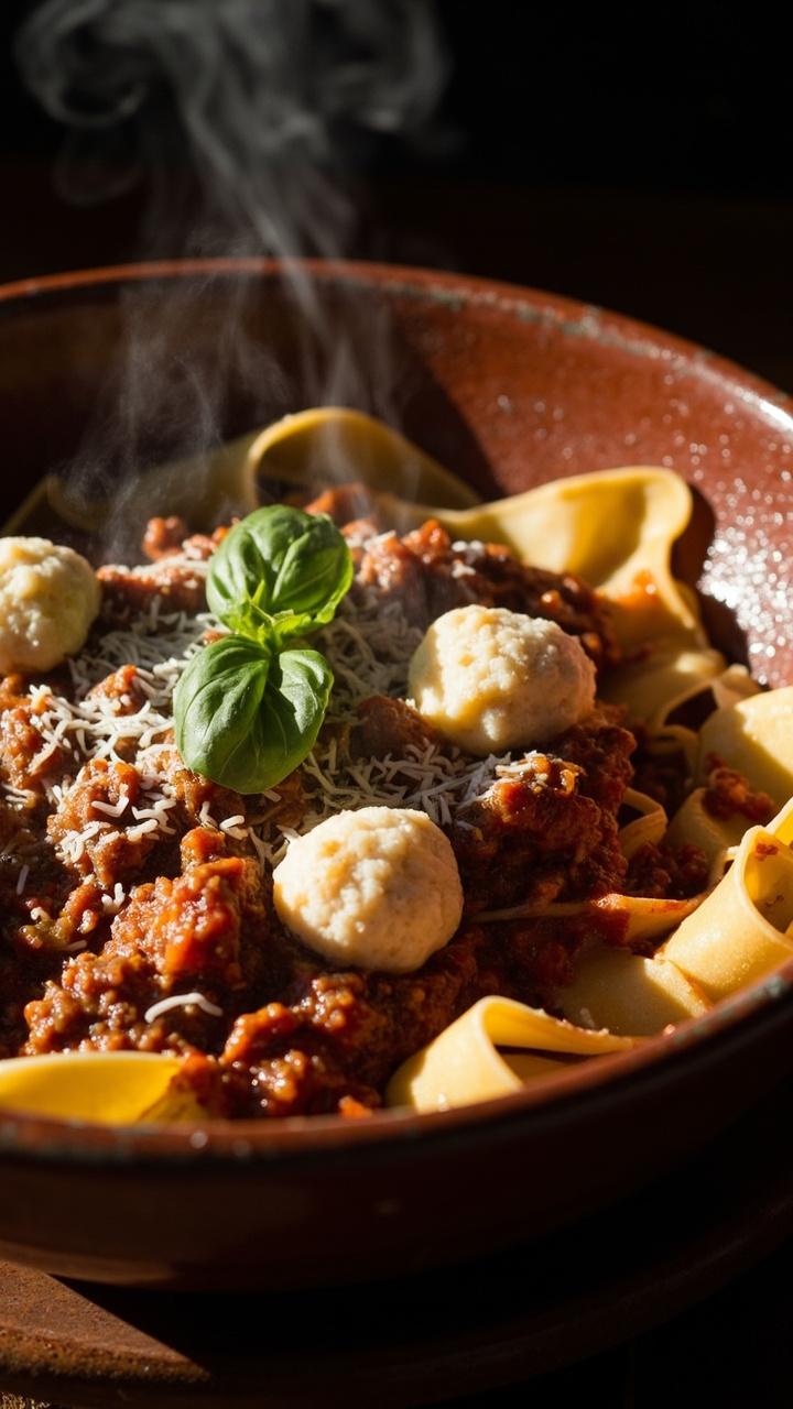 deep pasta bowl with thick tomato beef ragu spooned over pappardelle, small snowy ricotta dumplings nestled in the sauce, grated Parmesan dusted on top, sprig of basil for color deep pasta bowl with thick tomato beef ragu spooned over pappardelle, small snowy ricotta dumplings nestled in the sauce, grated Parmesan dusted on top, sprig of basil for color