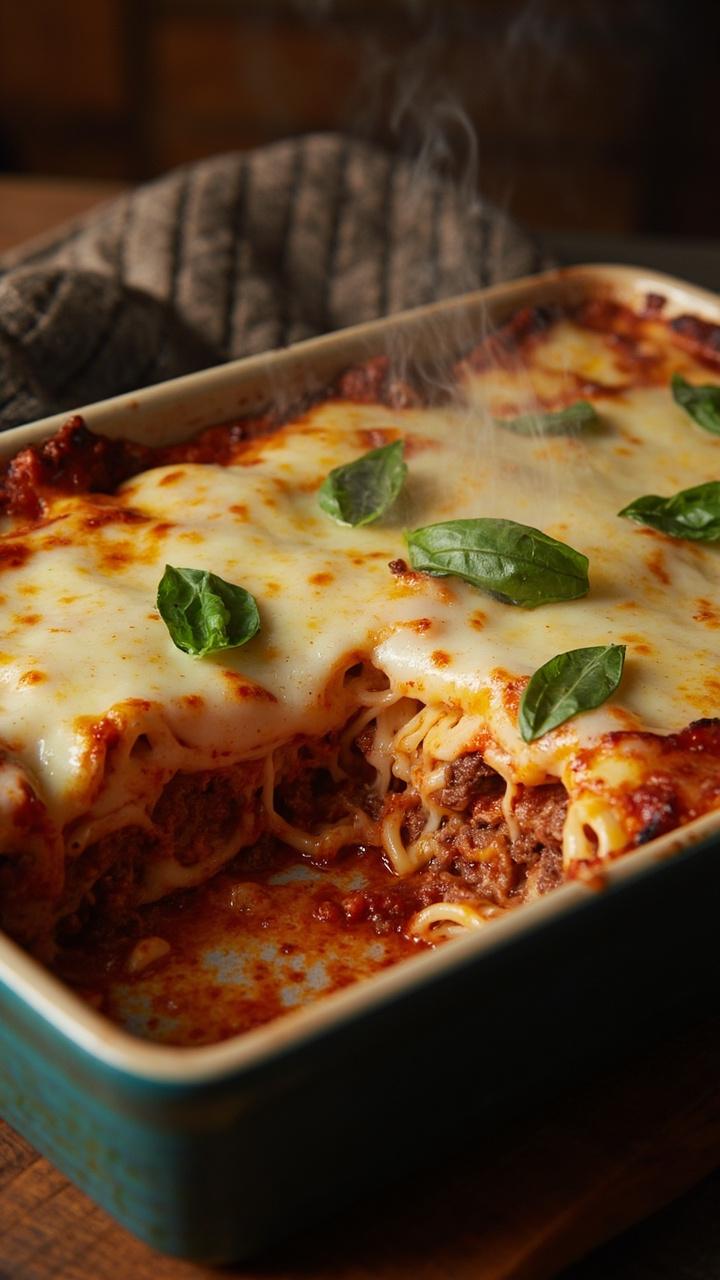 rectangular baking dish straight from the oven with bubbling cheese and browned edges, a scoop removed revealing layers of pasta, tomato vegetable sauce, and browned beef, fresh basil leaves scattered on top, oven mitt nearby rectangular baking dish straight from the oven with bubbling cheese and browned edges, a scoop removed revealing layers of pasta, tomato vegetable sauce, and browned beef, fresh basil leaves scattered on top, oven mitt nearby