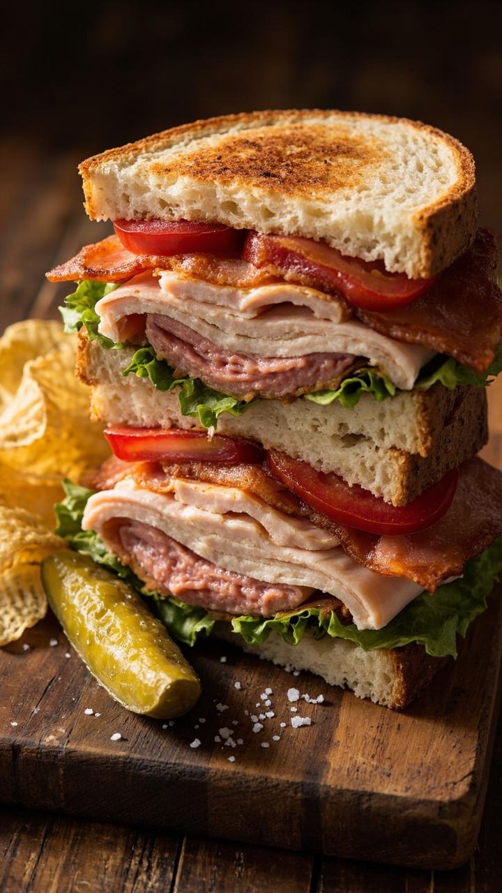 Triple stacked toasted bread with golden edges, layers of sliced turkey and ham, crisp bacon strips, bright tomato slices, green leaf lettuce, a pickle spear on the side, a small handful of kettle chips, wooden cutting board