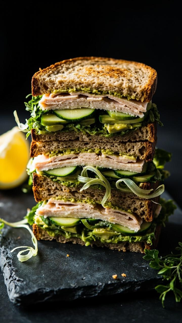 Triple stacked toasted whole wheat bread with visible mashed avocado spread, sliced turkey, thin cucumber ribbons, baby greens, a lemon wedge off to the side, a few herb sprigs, slate serving board