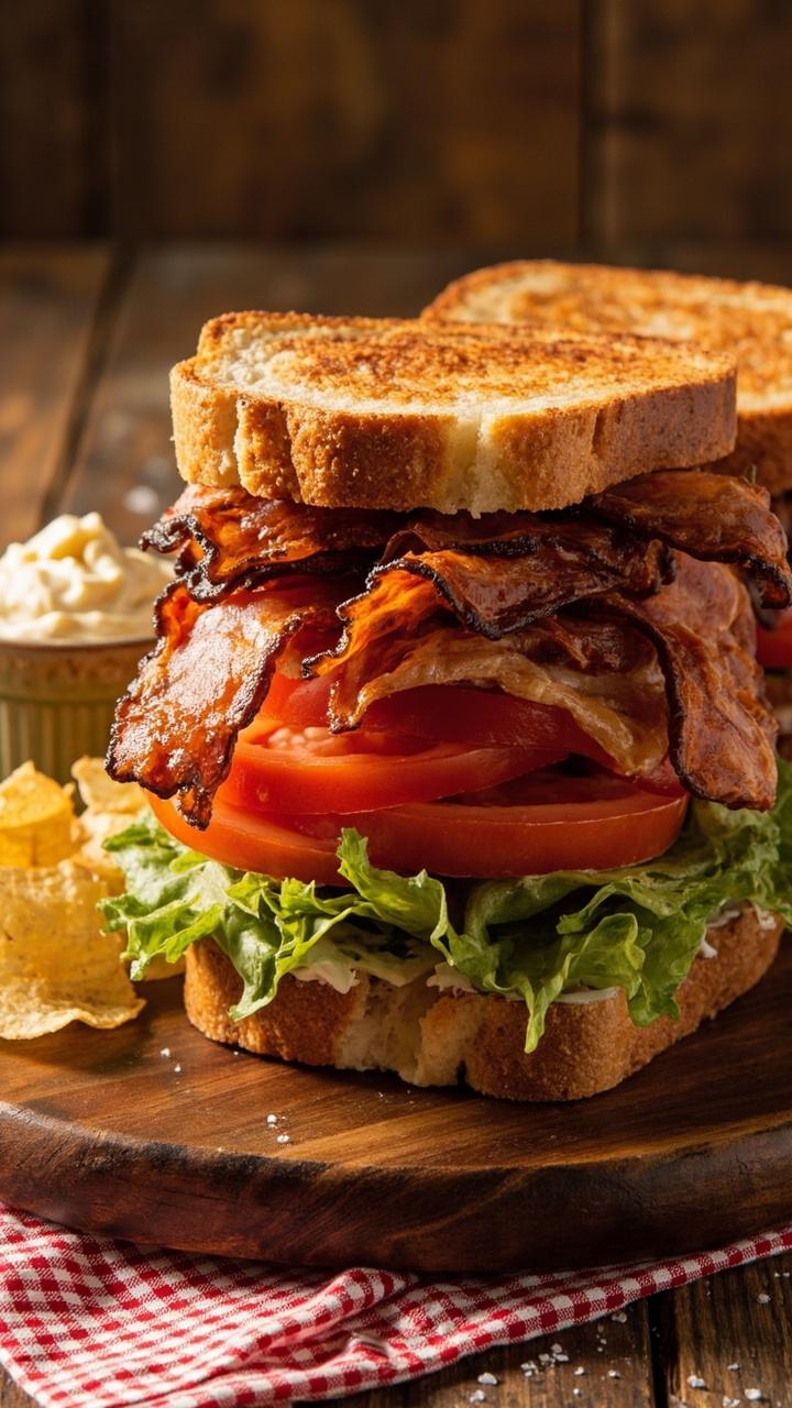 Golden toasted bread stacked with thick-cut crispy bacon, bright red tomato slices, crisp iceberg lettuce, a small ramekin of mayo, a few potato chips, checked napkin under the board