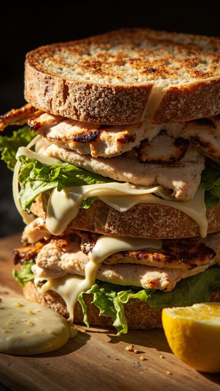 Triple stacked toasted ciabatta slices with sliced grilled chicken breast, crisp romaine leaves, shaved Parmesan peeking out, anchovy-free Caesar dressing drizzle on the side, small lemon wedge