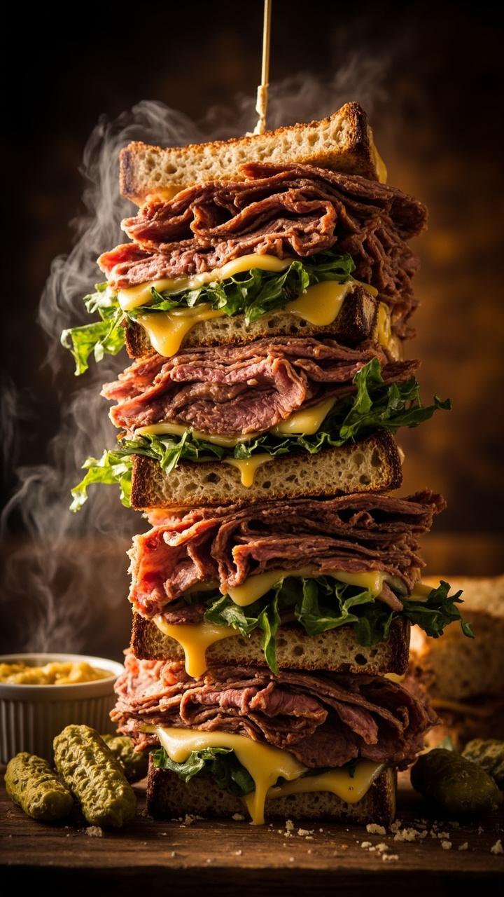 Stacked toasted rye or multigrain bread with thin roast beef slices, melted cheddar oozing slightly, arugula leaves, horseradish mustard served on the side, small pile of dill pickles