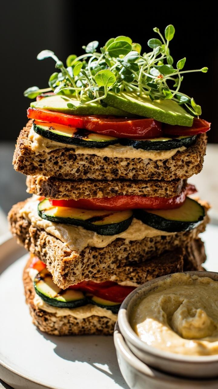 Triple stacked whole grain toast with roasted red pepper strips, grilled zucchini slices, hummus spread, avocado slices, microgreens garnish, small bowl of extra hummus