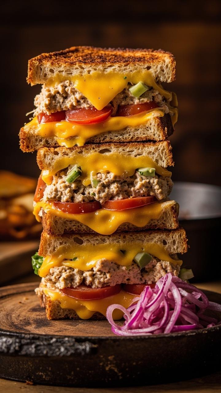 Triple stacked thick toasted bread with golden melted cheddar, tuna salad layer visible with celery bits, sliced tomato, small side of pickled onions, cast iron skillet nearby