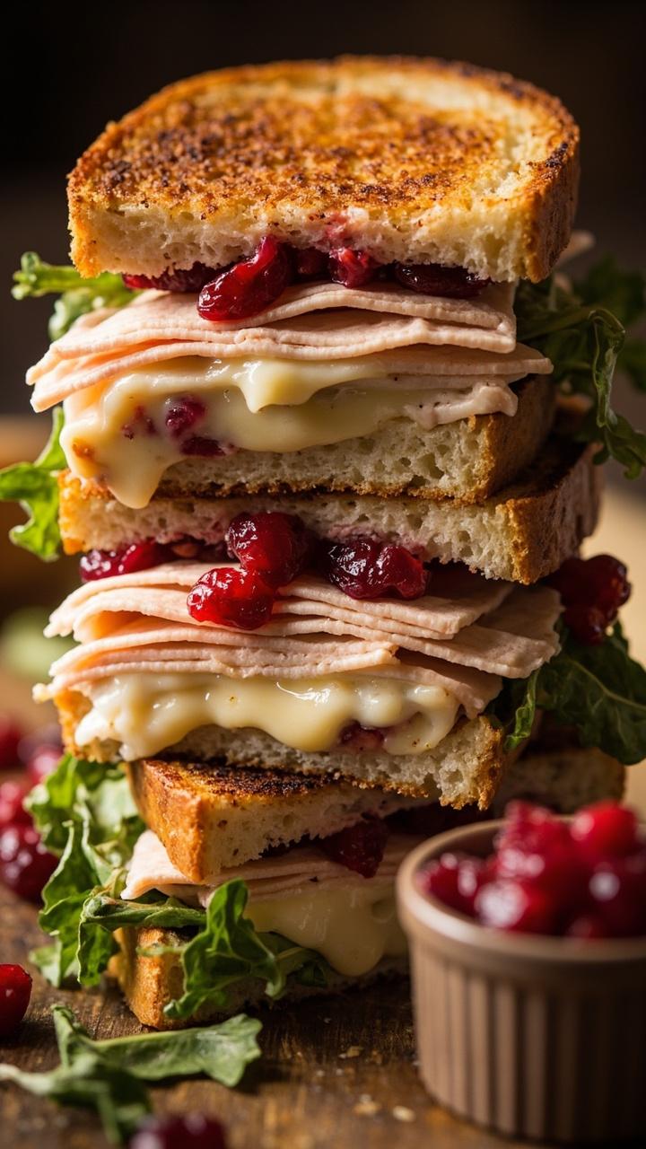 Triple stacked toasted brioche with sliced turkey, bright cranberry relish spread, creamy brie or Swiss peeking, baby arugula, a small ramekin of extra cranberry relish