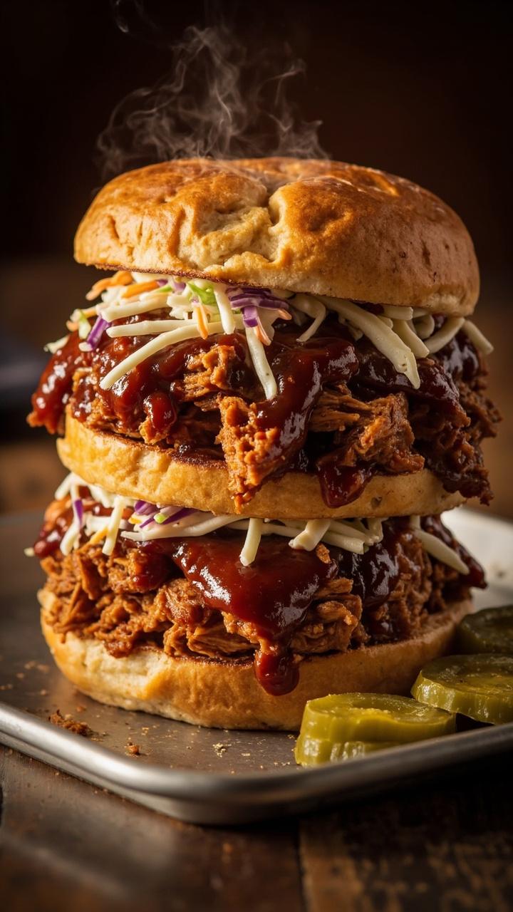 Triple stacked toasted potato bun slices or thick bread with glossy pulled chicken in barbecue sauce, thin slaw layer, pickled jalapeño slices on the side, small metal tray
