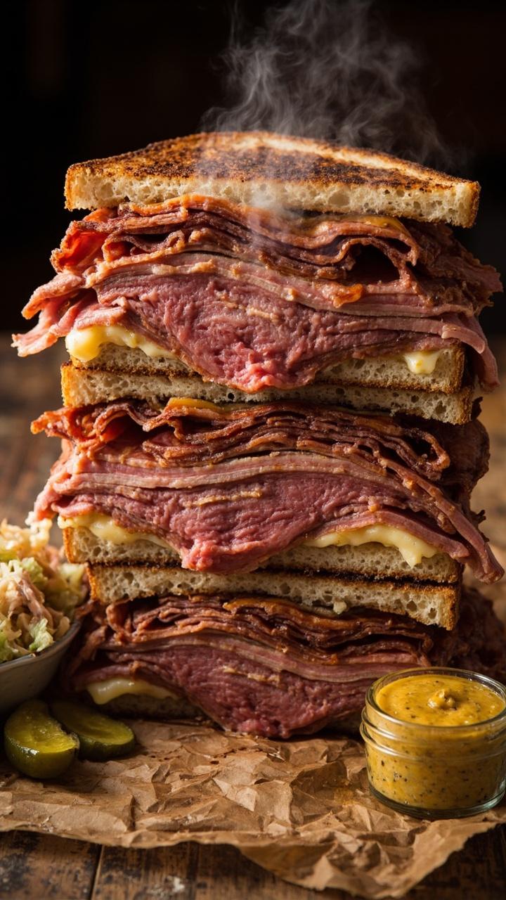 Triple stacked toasted rye with thin pastrami slices piled high, melted Swiss, sauerkraut or pickles on the side, mustard in a small jar, butcher paper under the sandwich