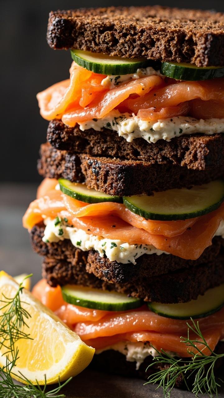 Triple stacked toasted pumpernickel or rye with layers of smoked salmon, thin cucumber rounds, cream cheese dill spread, lemon wedge on the side, small sprig of fresh dill