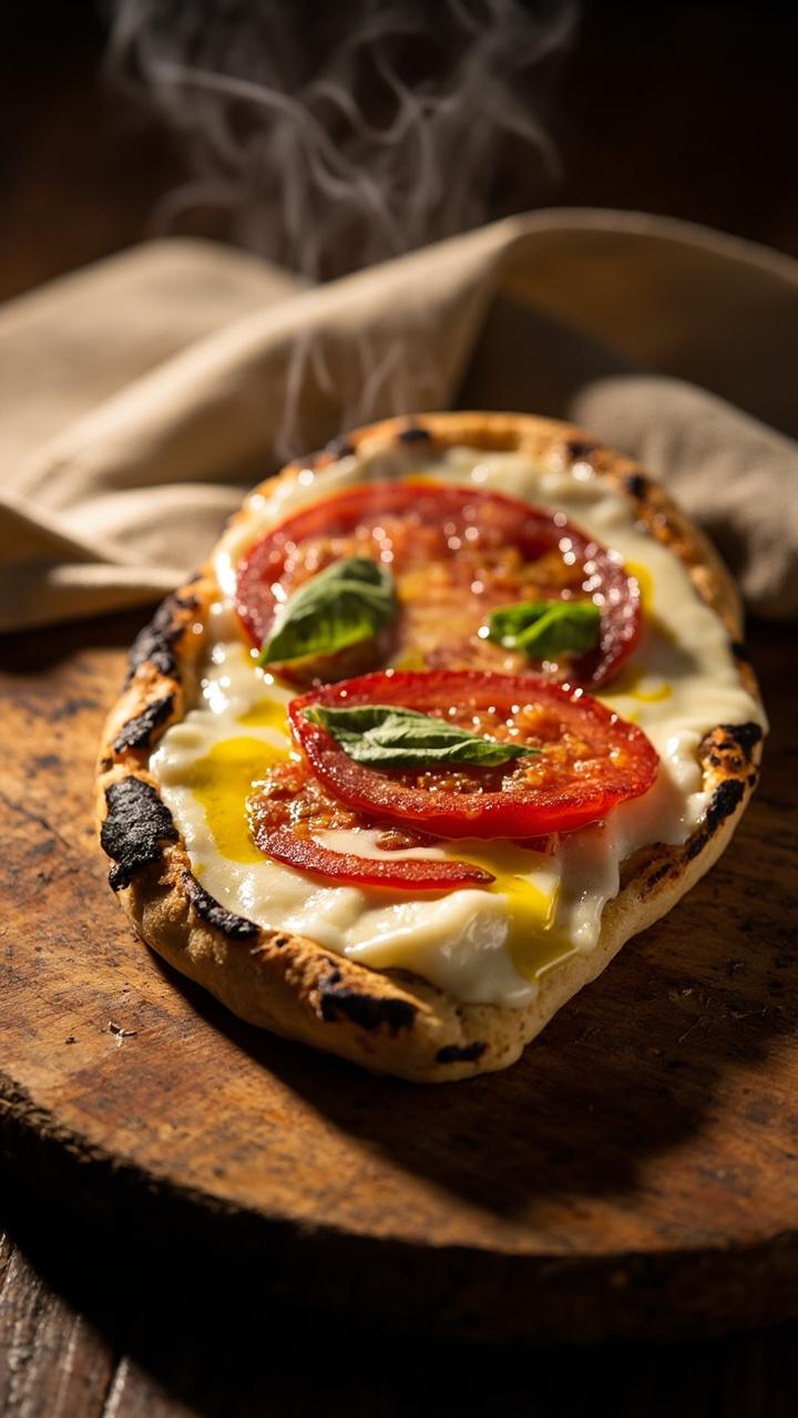 Warm golden naan topped with melted mozzarella and thin tomato slices, a few bright basil leaves scattered on top, a light drizzle of olive oil, served on a rustic wooden board with a linen napkin