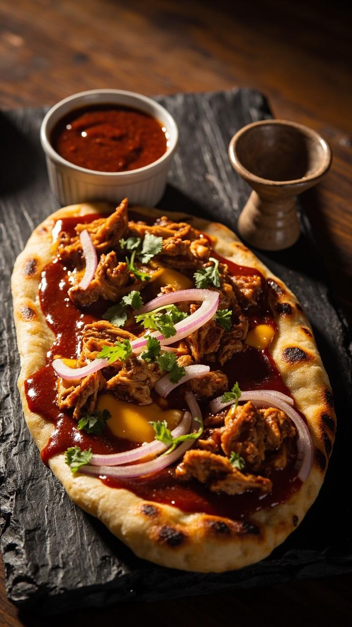 Toasty naan brushed with glossy barbecue sauce topped with shredded chicken, melted cheddar, thin red onion slices, small cilantro sprigs, plated on a dark slate with a small ramekin of extra sauce