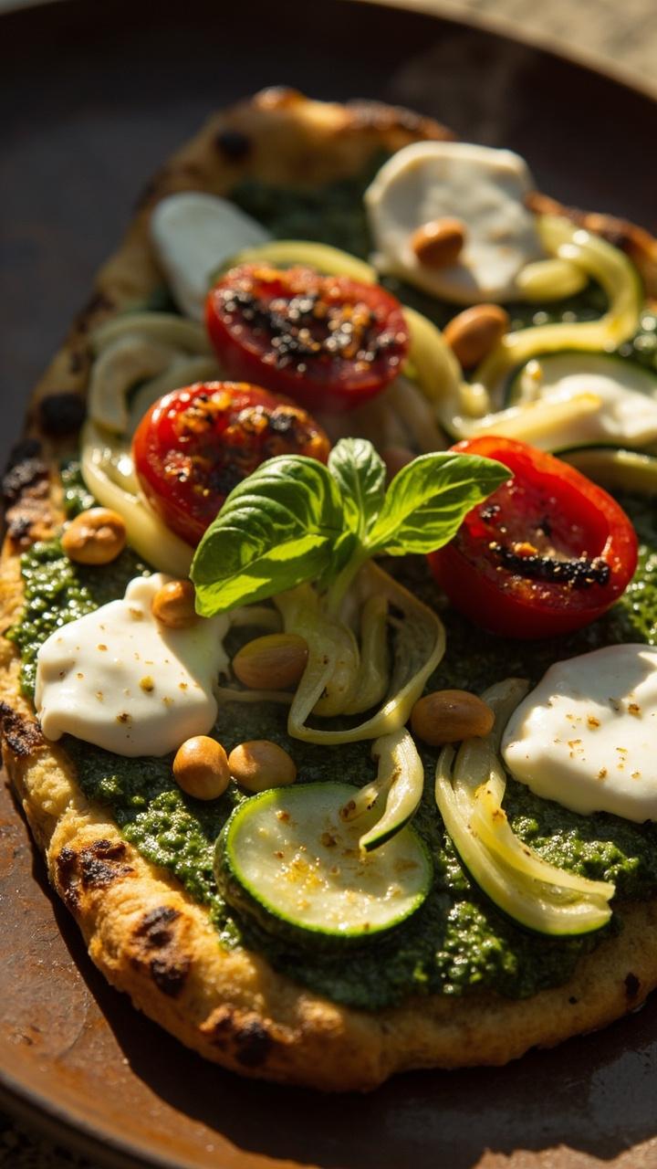 Green pesto spread on warm naan topped with roasted cherry tomatoes, thin zucchini ribbons, melted mozzarella, a few toasted pine nuts scattered on top, served on a ceramic plate with a sprig of basil