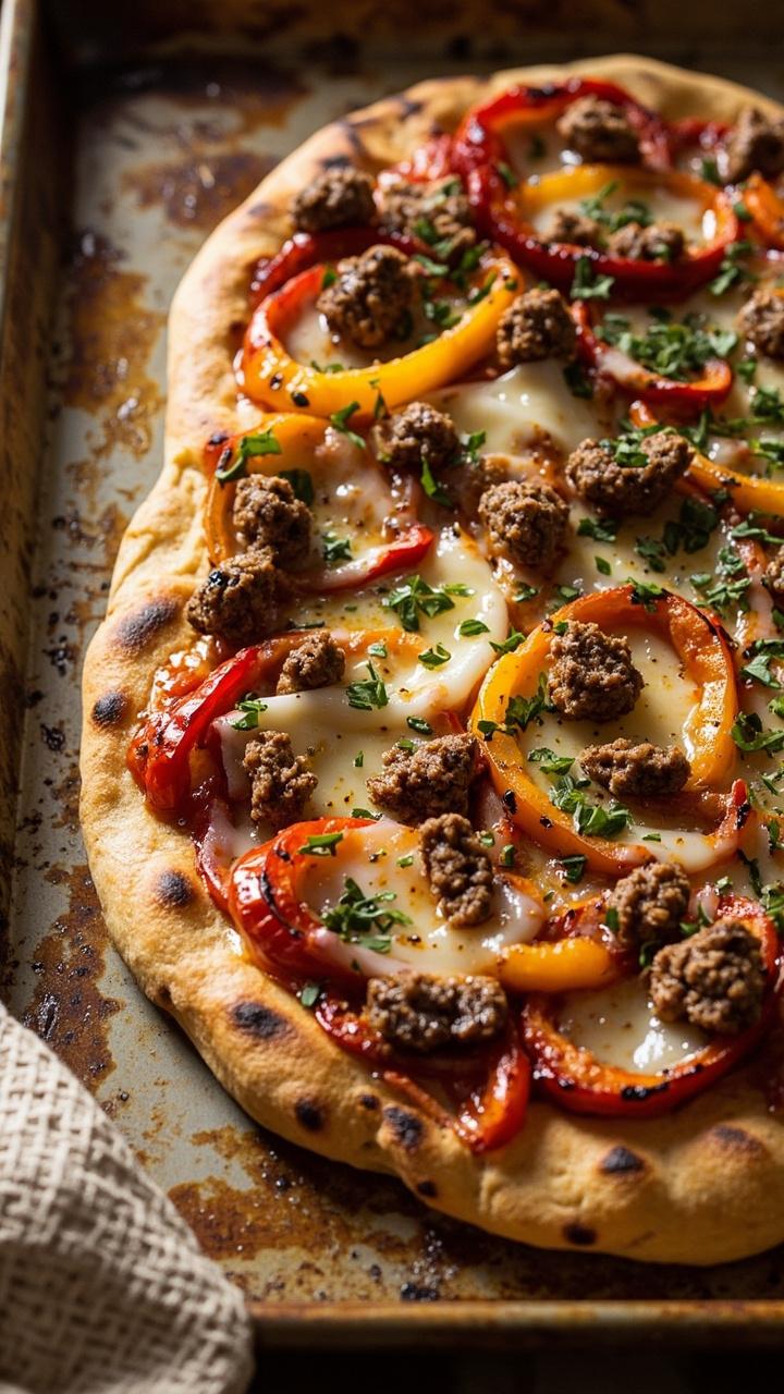 Golden naan with browned crumbled sausage and strips of roasted red and yellow pepper, melted provolone, a light sprinkle of chopped parsley, set on a baking sheet with a folded kitchen towel