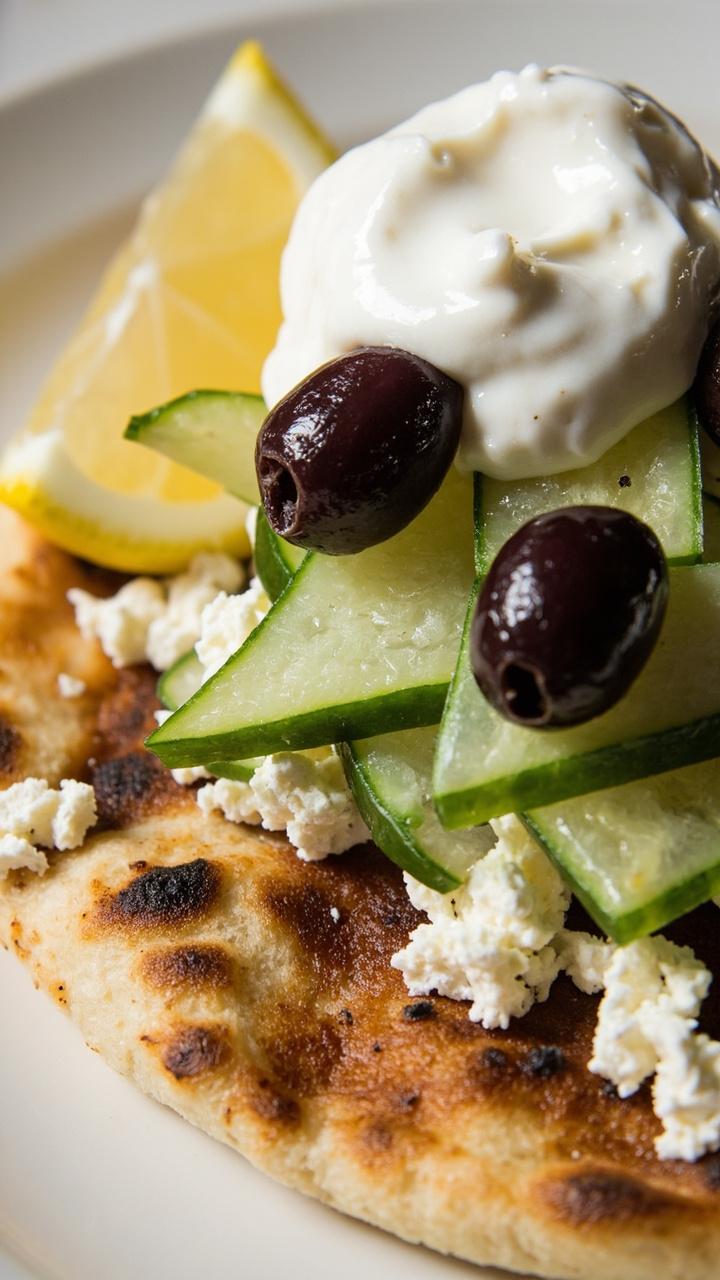 Naan topped with crumbled feta, sliced Kalamata olives, thin cucumber slices, a swirl of creamy white tzatziki on top, placed on a white plate with a lemon wedge