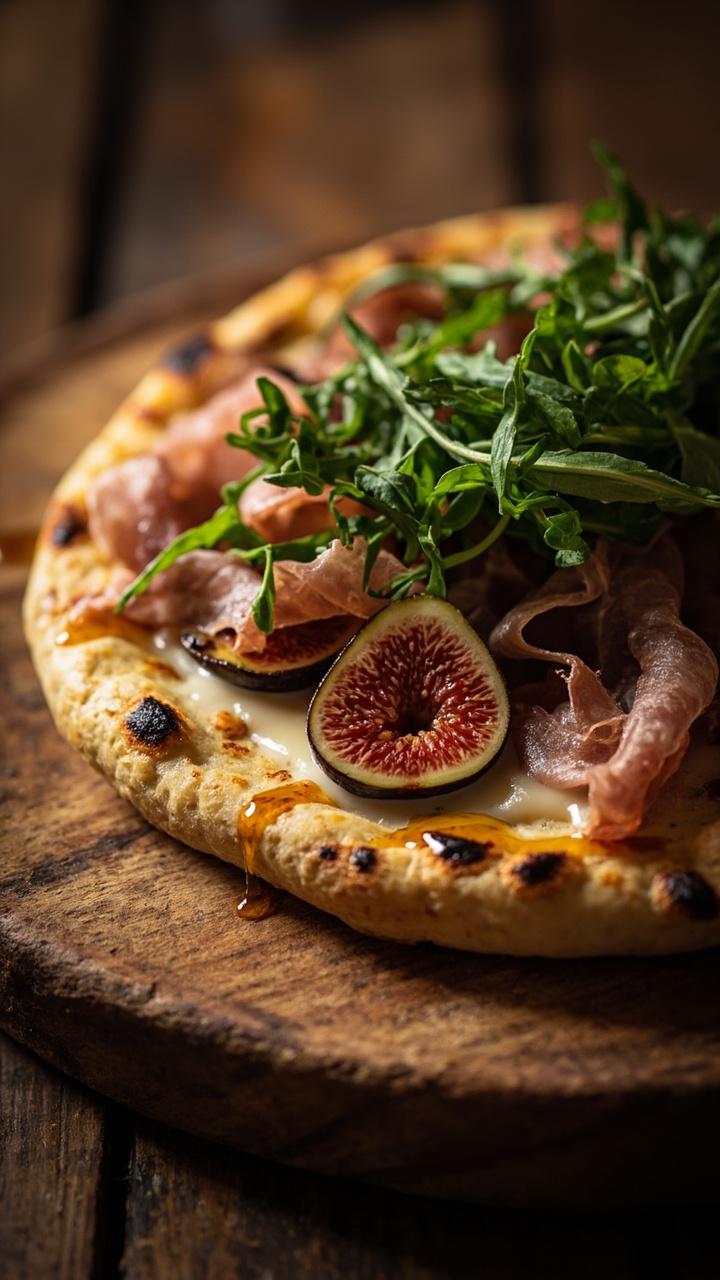 Warm naan with thin fig slices, slivers of prosciutto, melted fontina, a handful of fresh arugula on top, small drizzle of honey, served on a round wooden serving board
