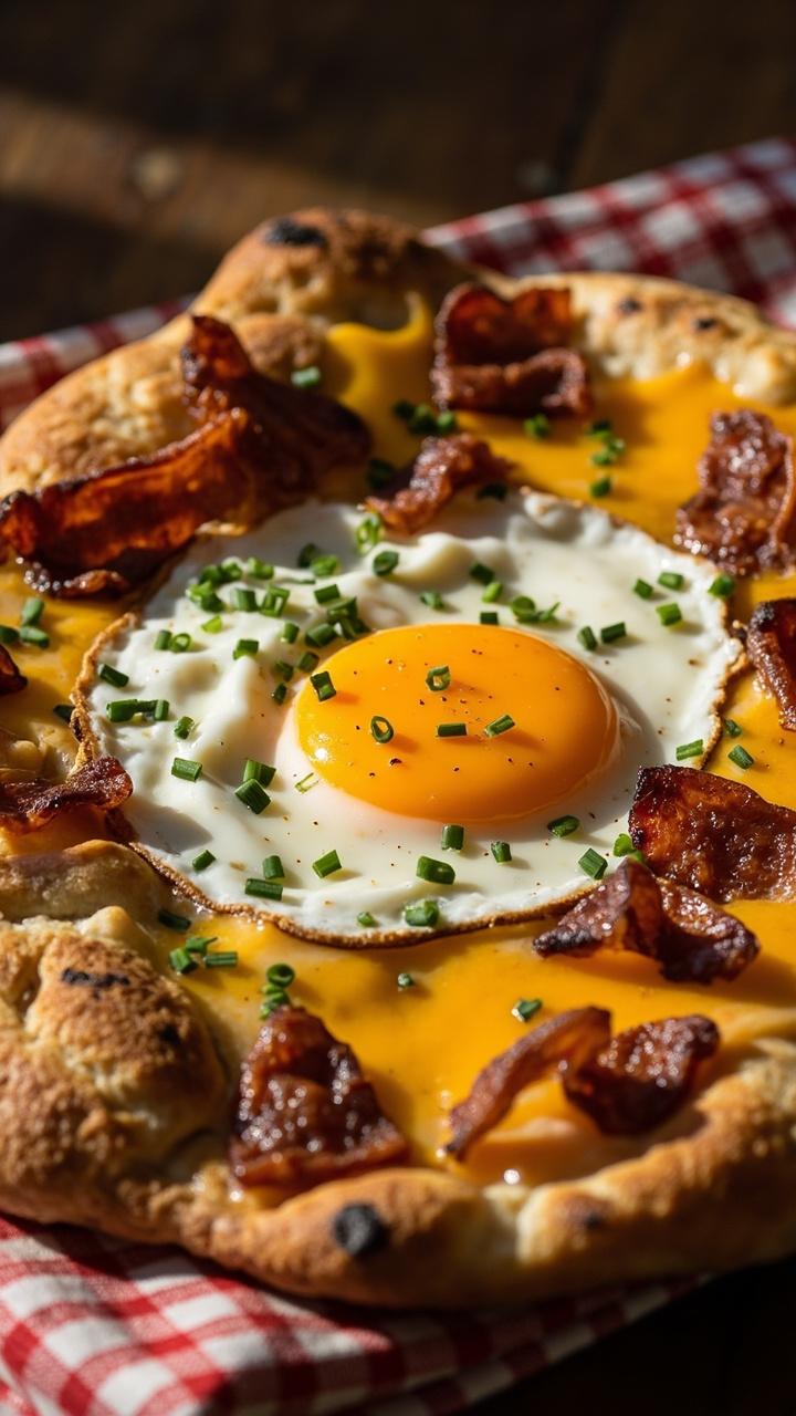 Golden naan with melted cheddar, crisp bacon pieces, a sunny fried egg centered on top with slightly runny yolk, small sprinkle of chopped chives, sitting on a checked napkin