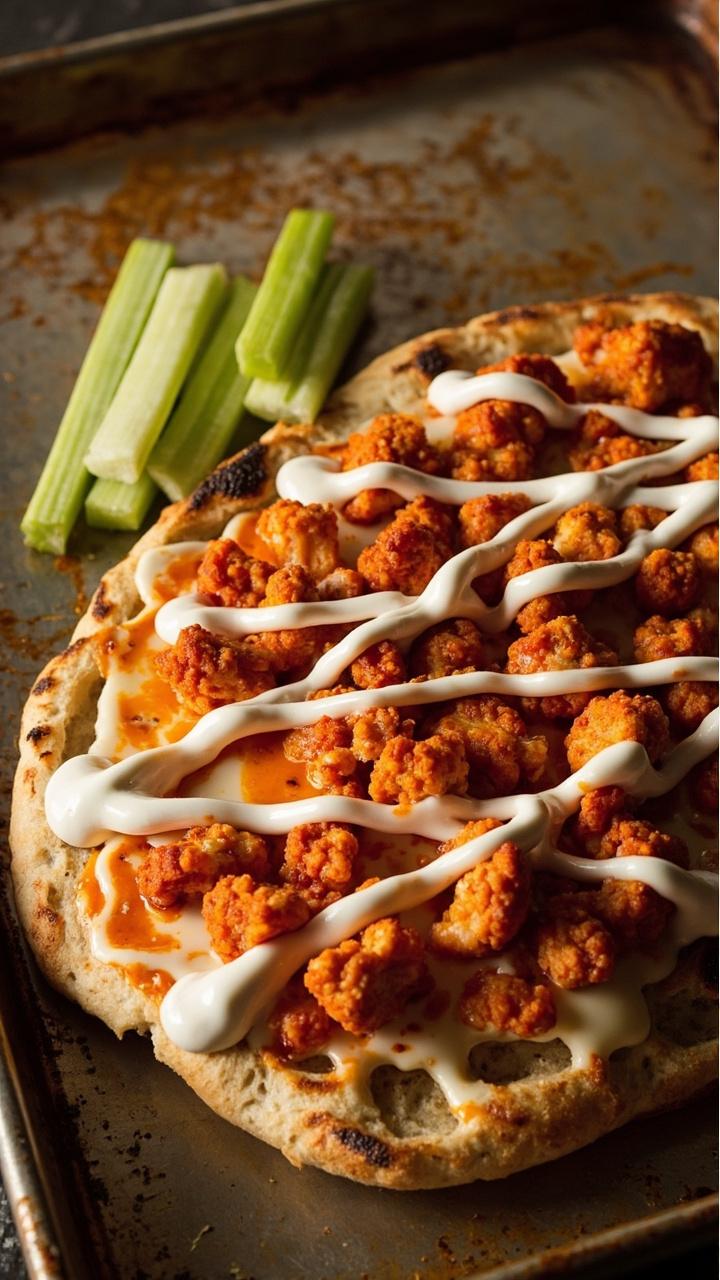 Naan topped with small florets of roasted buffalo cauliflower, melted mozzarella, thin celery sticks on the side, a small drizzle of ranch dressing, served on a metal tray