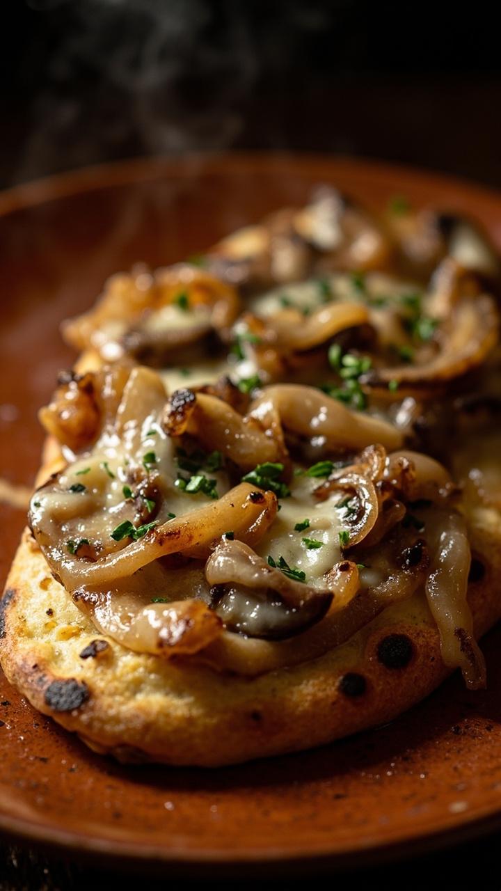 Naan covered with glossy caramelized onions and sautéed mushrooms, melted Gruyere bubbling, a sprinkle of fresh thyme leaves, sitting on a warm ceramic plate