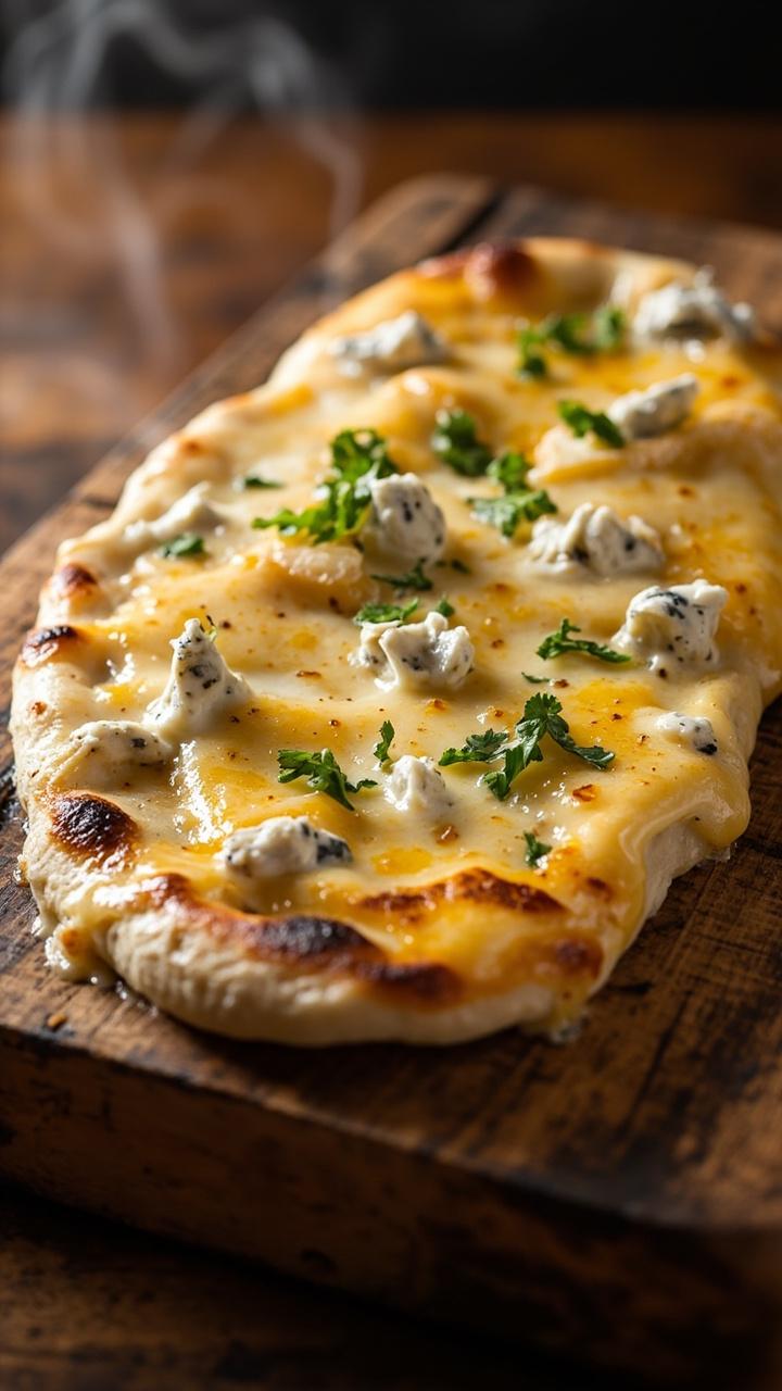 Naan with an even layer of melted cheeses including mozzarella, fontina, parmesan shards, and gorgonzola crumbles, a light sprinkle of chopped parsley, on a warm wooden board