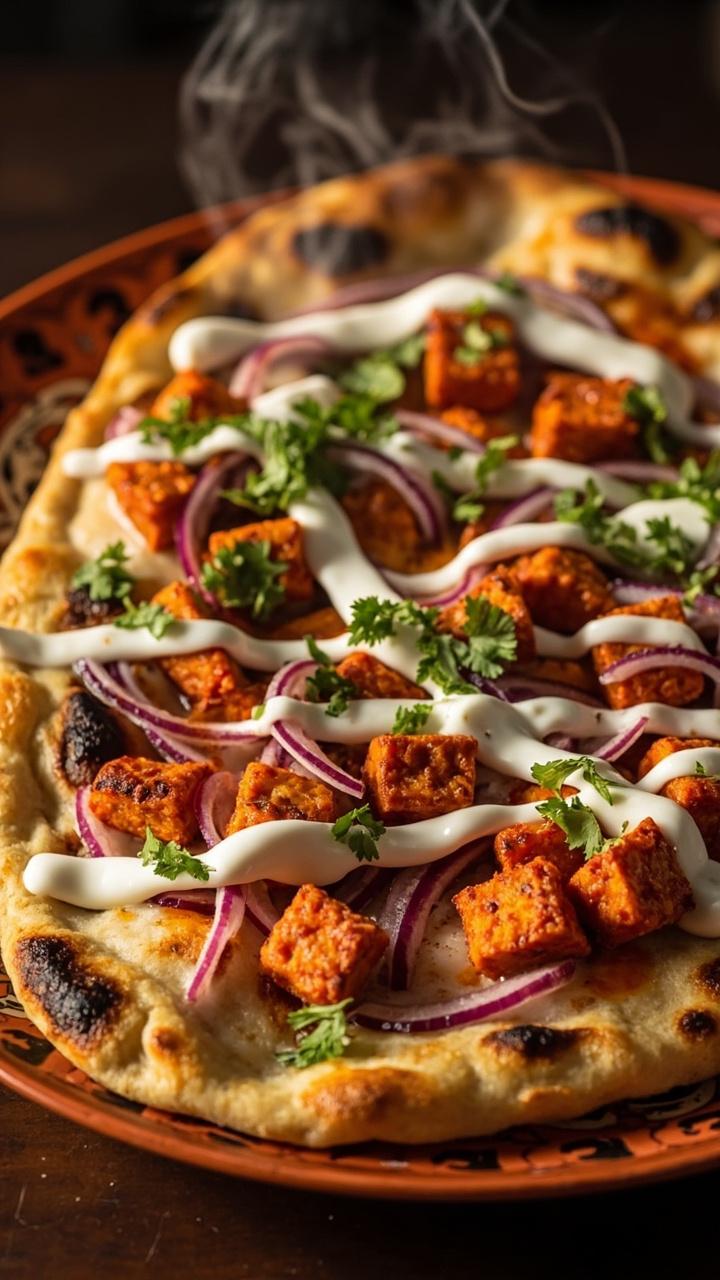 Naan topped with small cubes of tandoori paneer, thin red onion slices, melty mozzarella, a drizzle of cool yogurt raita, garnished with cilantro leaves, served on a patterned plate