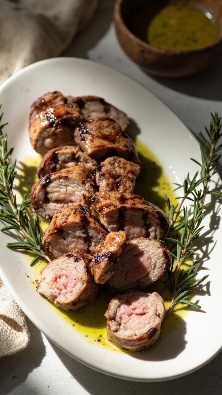 A sliced pork tenderloin with dark grill marks arranged on a white oval plate, a light herb oil drizzle pooling around the slices, sprigs of rosemary and thyme beside the meat, a linen napkin and a small wooden bowl of extra garlic herb sauce