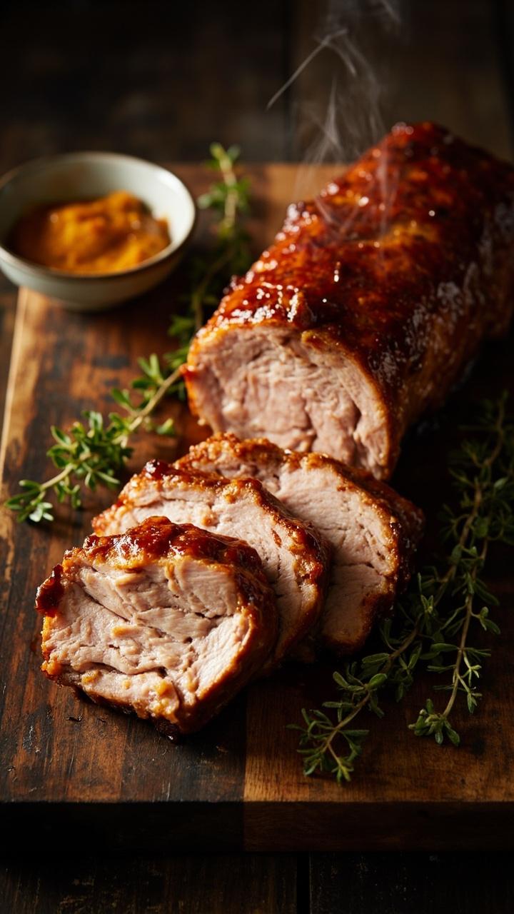 A pork tenderloin glazed and sliced on a dark wooden board, glossy amber glaze on the slices, a small dish of extra maple Dijon glaze, fresh thyme sprigs as garnish