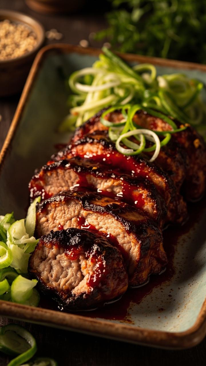 Sliced pork tenderloin glazed deep red with charred edges on a ceramic platter, thinly sliced cucumbers on the side, a small bowl of sesame seeds for sprinkling, a few green onion ribbons on top