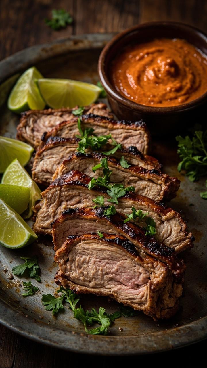 Sliced pork tenderloin with dark char lines on a metal platter, a few lime wedges tucked beside the meat, a scattering of chopped cilantro, a small ramekin of extra chipotle lime sauce