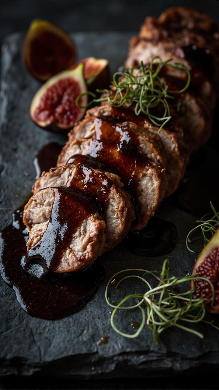 Sliced pork tenderloin glazed with dark balsamic fig reduction on a slate board, halved fresh figs arranged beside the meat, a drizzle of glaze over the slices and a few microgreens