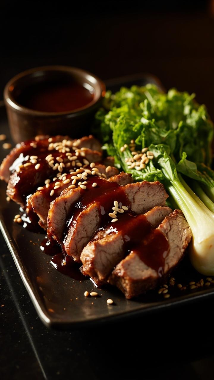 Sliced pork tenderloin with glossy brown glaze arranged on a rectangular plate, a mound of steamed bok choy on the side, a small bowl of extra sauce and a sprinkling of toasted sesame seeds