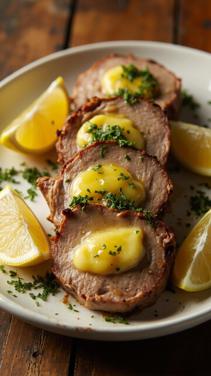 Sliced pork tenderloin with a glossy dab of melted garlic butter on each slice, lemon wedges and chopped parsley scattered over the plate, a simple white plate on a wood table