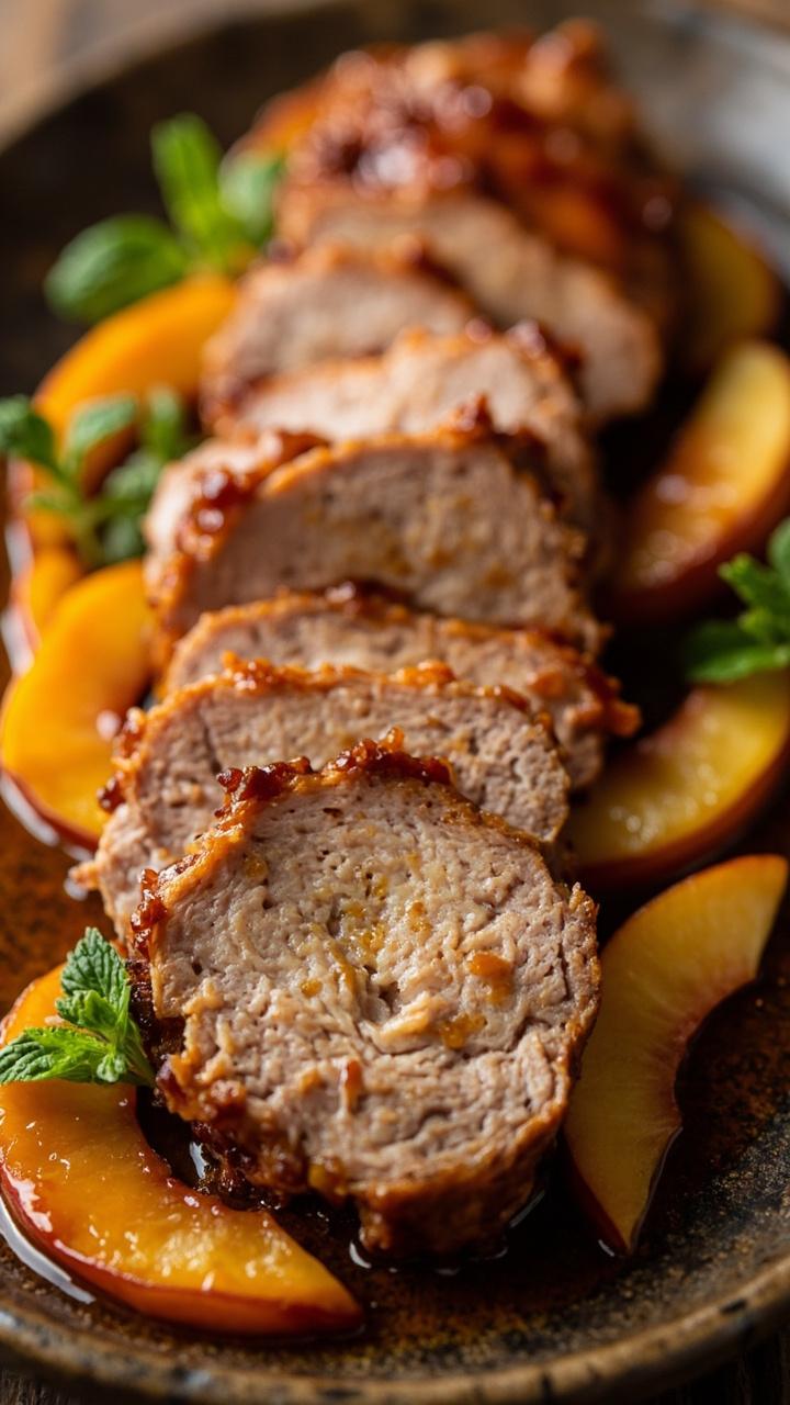 Sliced pork tenderloin with glossy peach colored glaze on a rustic platter, thin peach wedges fanned around the meat, a small sprig of mint for color