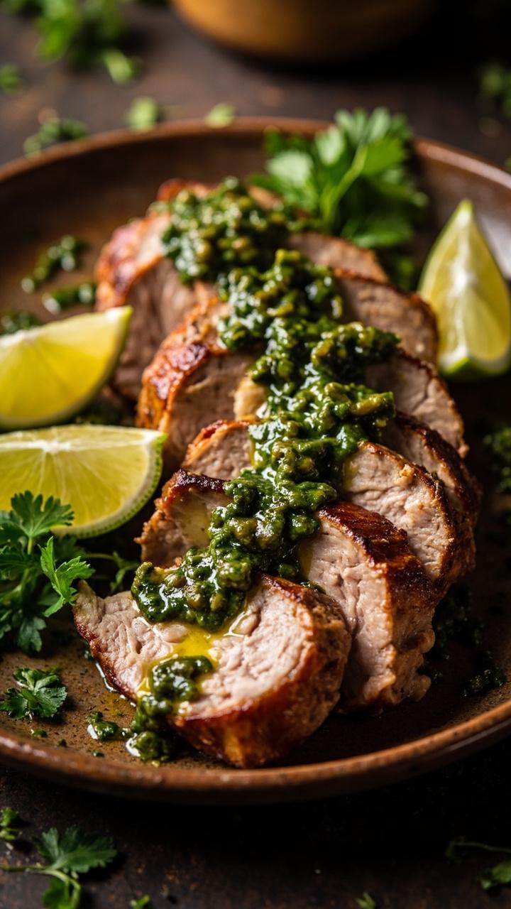 Sliced pork tenderloin on a round platter with a vibrant green chimichurri spooned over one side, lime wedges nearby and a scattering of chopped cilantro leaves