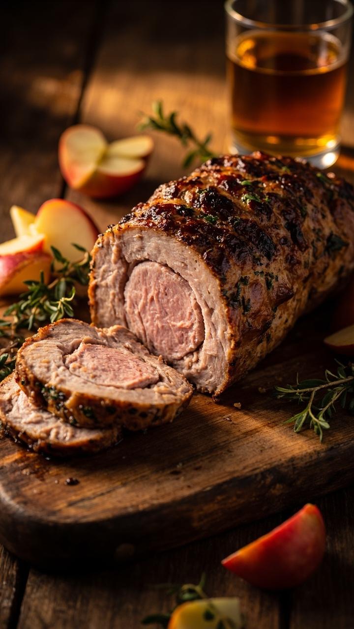 A whole rested pork tenderloin sliced on a wooden cutting board, a small glass of apple cider beside the board, a scattering of apple slices and thyme sprigs for garnish