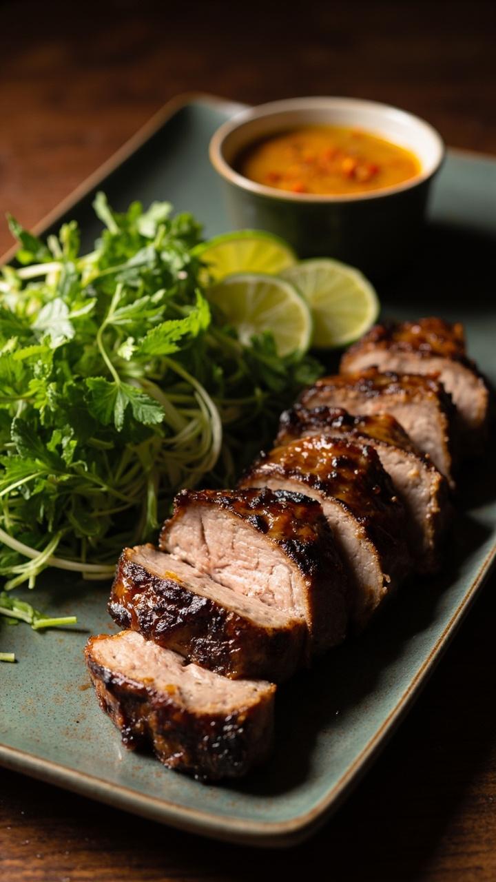 Sliced pork tenderloin with slight char on a long rectangular plate, a mound of fresh herb salad with mint and cilantro on the side, thin lime wedges and a small bowl of nuoc cham dipping sauce