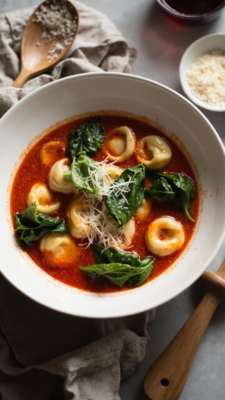 Creamy red tomato broth in a shallow white bowl, cheese tortellini floating near the surface, bright green spinach leaves, a small pile of grated Parmesan on the side of the bowl, wooden spoon resting on a linen napkin Creamy red tomato broth in a shallow white bowl, cheese tortellini floating near the surface, bright green spinach leaves, a small pile of grated Parmesan on the side of the bowl, wooden spoon resting on a linen napkin
