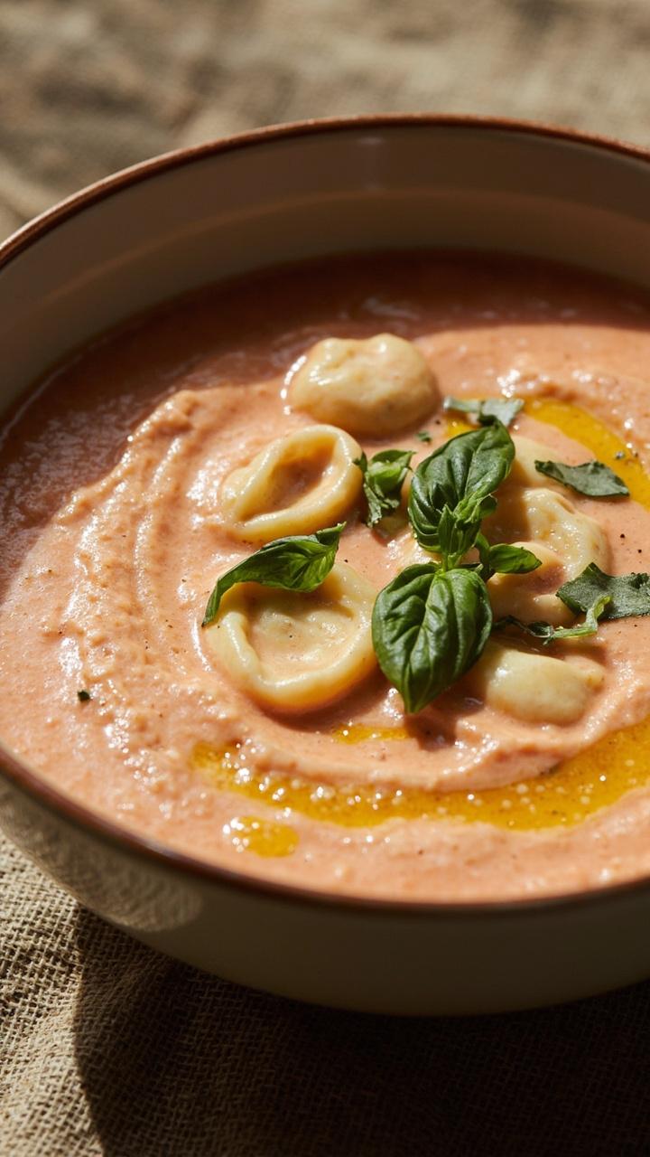 Velvety pink tomato cream soup in a deep bowl, mini cheese tortellini visible at the surface, a drizzle of olive oil, finely chopped basil scattered on top, linen placemat under the bowl Velvety pink tomato cream soup in a deep bowl, mini cheese tortellini visible at the surface, a drizzle of olive oil, finely chopped basil scattered on top, linen placemat under the bowl