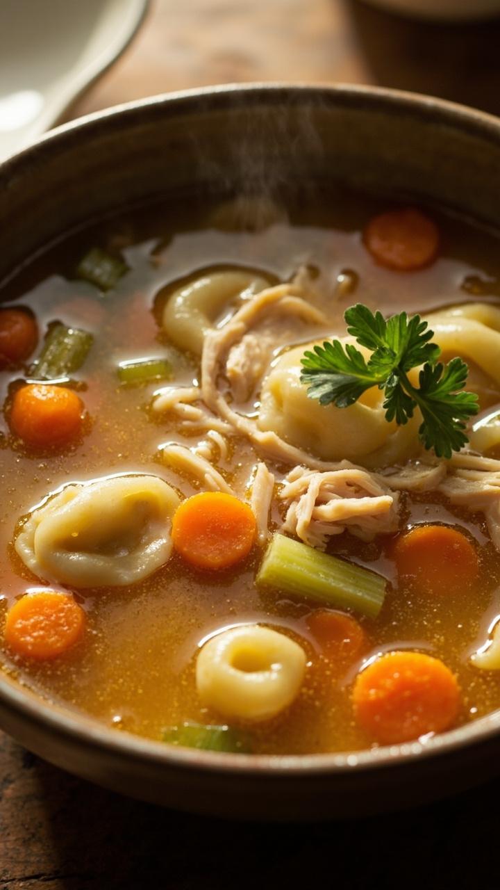 Clear golden broth in a medium bowl, cheese tortellini, shredded chicken pieces, diced carrots and celery, a sprig of parsley on top, ceramic spoon at the side Clear golden broth in a medium bowl, cheese tortellini, shredded chicken pieces, diced carrots and celery, a sprig of parsley on top, ceramic spoon at the side