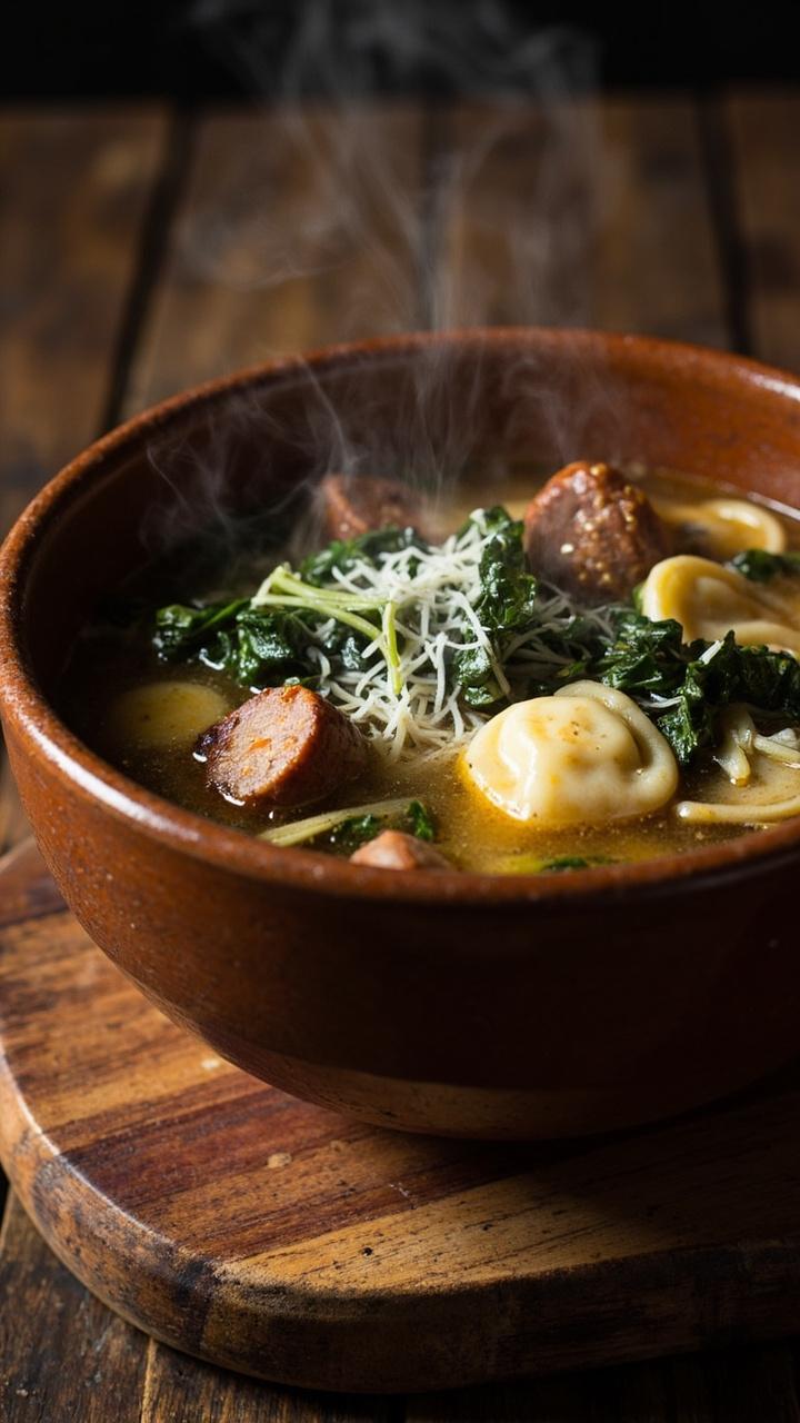 Rustic bowl of brothy soup with chunks of browned sausage, dark green kale ribbons, cheese tortellini, a scattering of grated Parmesan, wooden board underneath Rustic bowl of brothy soup with chunks of browned sausage, dark green kale ribbons, cheese tortellini, a scattering of grated Parmesan, wooden board underneath