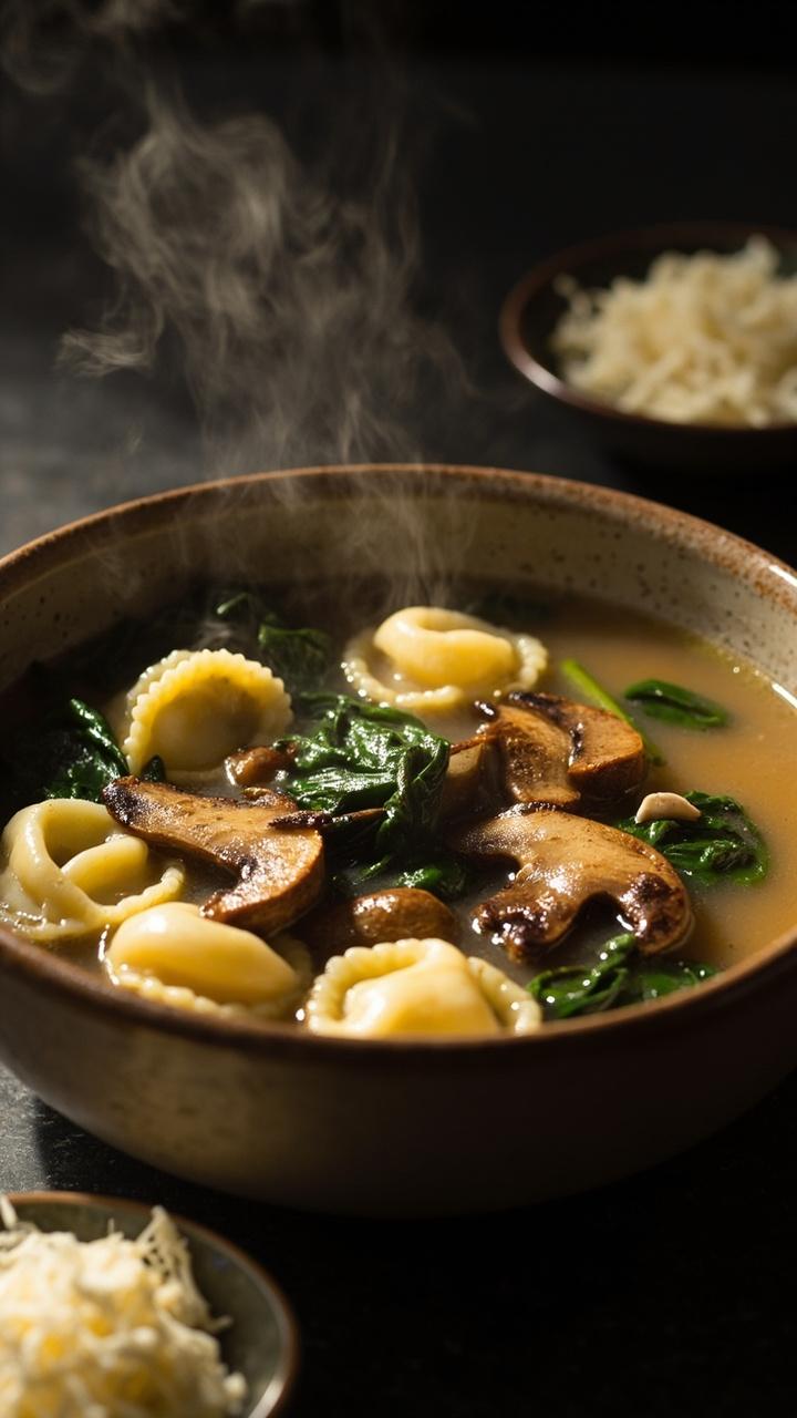 Light brown mushroom broth in a shallow bowl, sliced sautéed mushrooms on top, cheese tortellini, wilted spinach leaves, small dish of grated Pecorino on the side Light brown mushroom broth in a shallow bowl, sliced sautéed mushrooms on top, cheese tortellini, wilted spinach leaves, small dish of grated Pecorino on the side